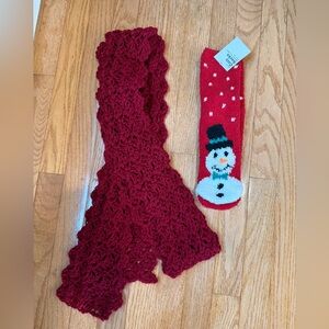 Red handmade Crochet Scarf and new cozy Snowman Socks Set